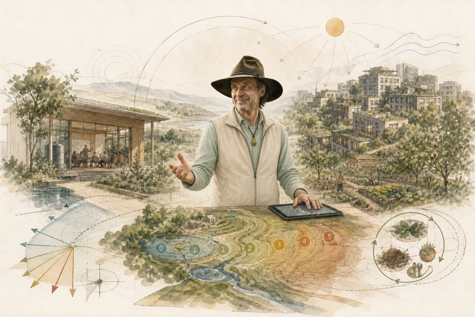 Aquarellillustration einer ökologischen Landschaftsplanung: Ein Planer verbindet Wasser, Anbau, Gebäude und Gemeinschaft.
