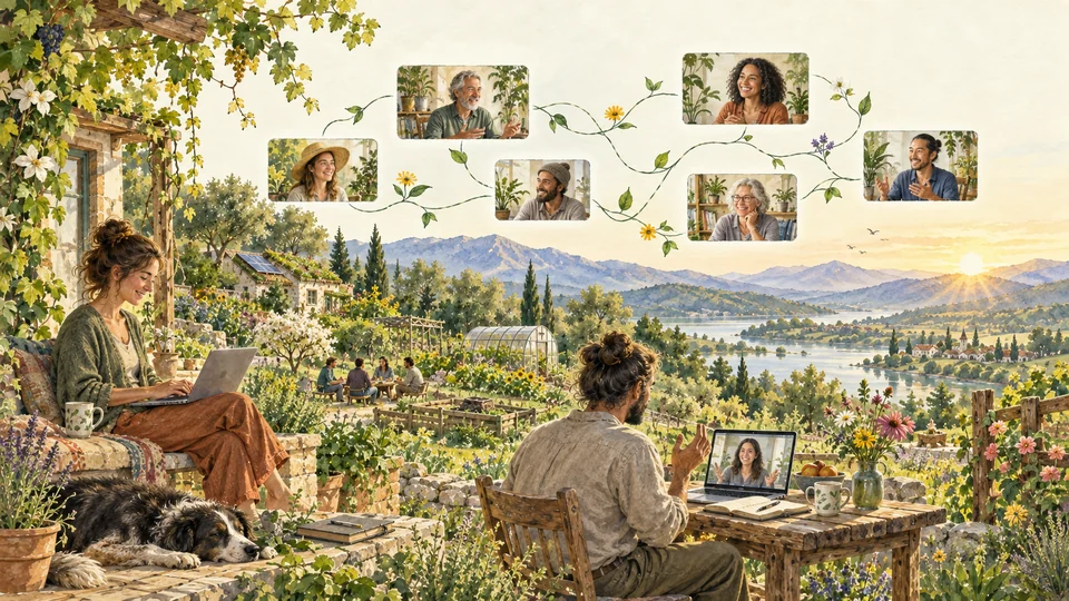 Aquarellillustration einer vernetzten Gesprächsrunde: Menschen tauschen sich online über ökologische Landschaften und gemeinschaftliche Projekte aus.
