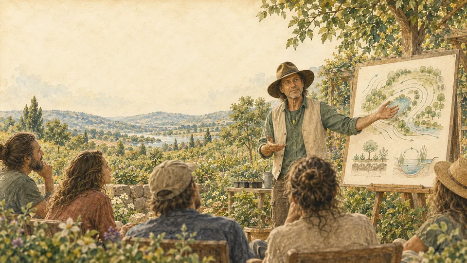 Aquarellillustration eines Vortrags über Permakultur: Menschen hören in einer blühenden Landschaft zu, während ein Sprecher eine ökologische Planung erklärt.
