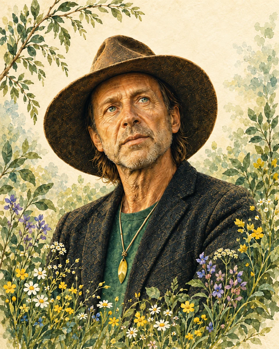Illustratives Aquarellportrait von Christoff Schneider mit Hut in einer blühenden Landschaft