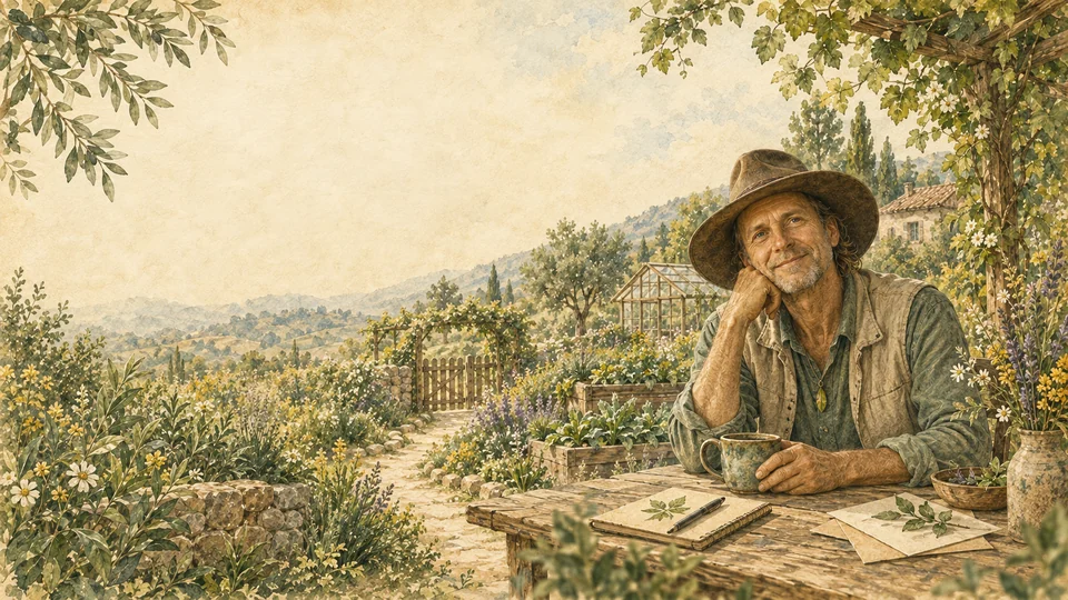 Aquarellillustration: Eine Person sitzt mit Tasse und Notizbuch an einem Gartentisch zwischen Blumen und Bäumen.