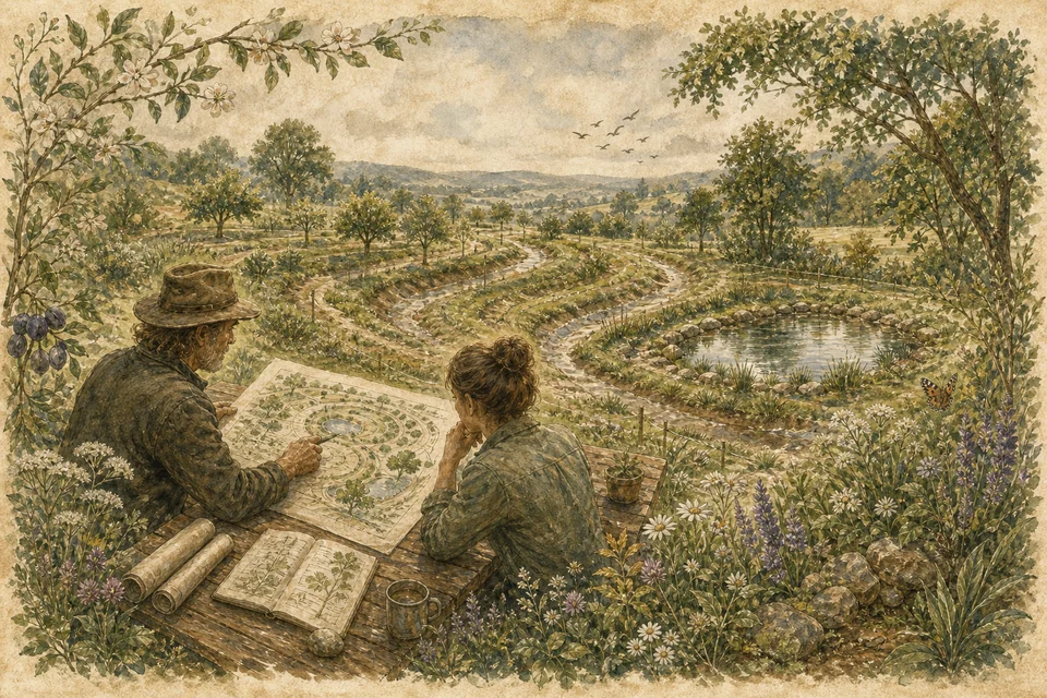 Zwei Menschen besprechen eine naturnahe Landschaftsplanung mit Wasserlauf und Pflanzflächen.