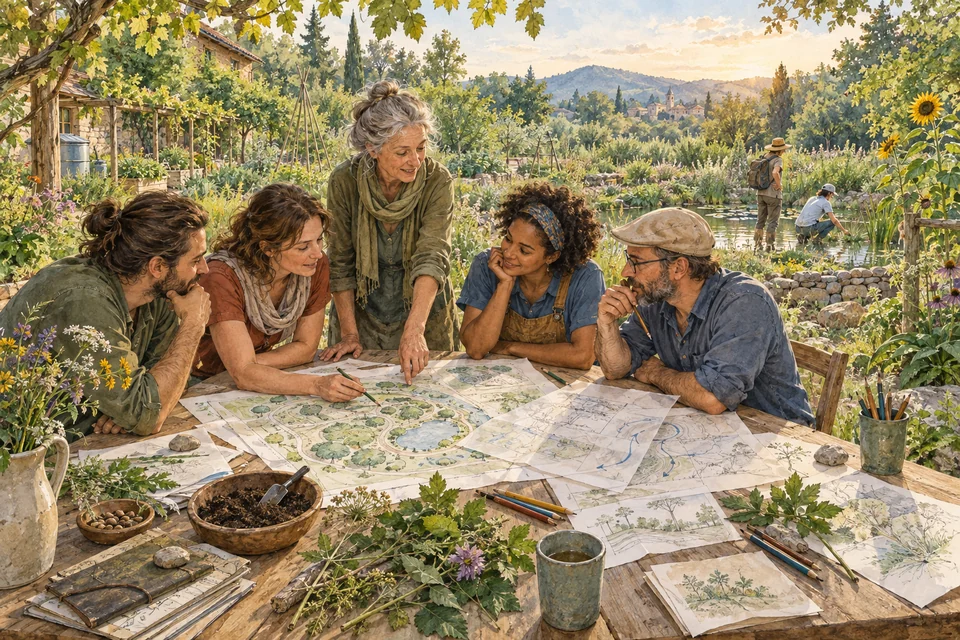 Aquarellillustration: Eine kleine Lerngruppe entwickelt draußen an einem Holztisch Permakultur-Entwürfe; weitere Teilnehmende beobachten Garten und Wasser.